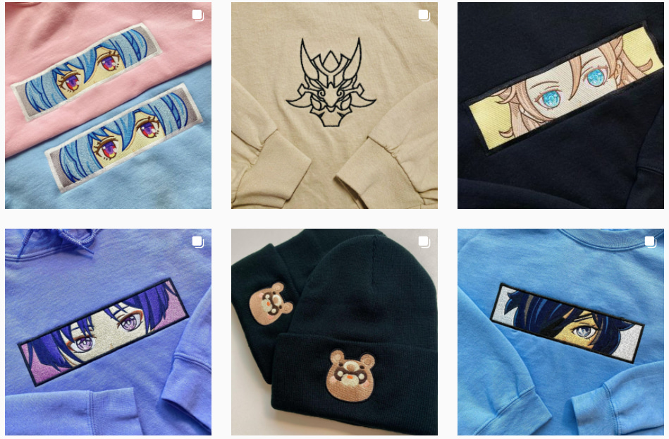 6 examples of embroidered clothing, with anime and other designs