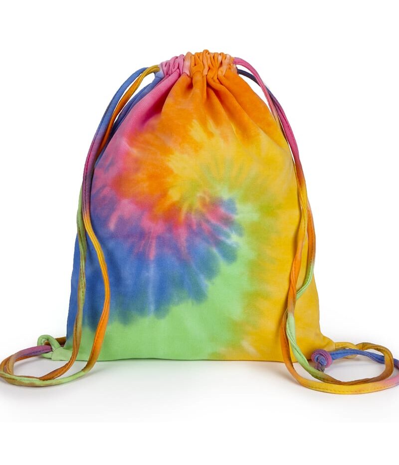 A drawstring bag with a rainbow tie-dye design