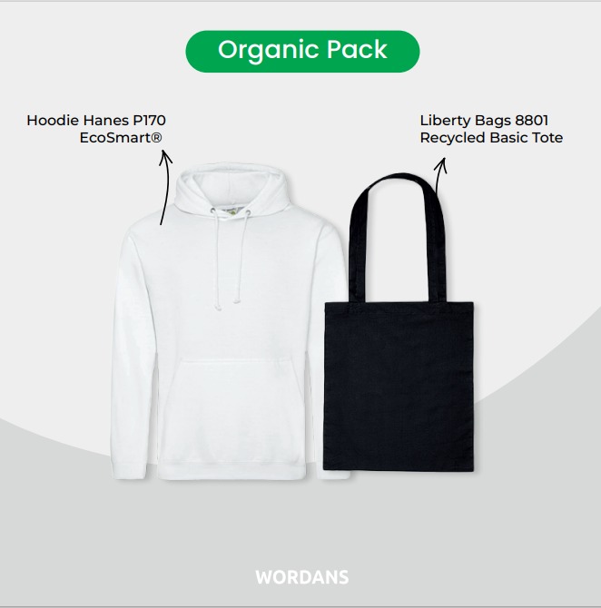 A graphic showing a white hoodie and a black tote bag