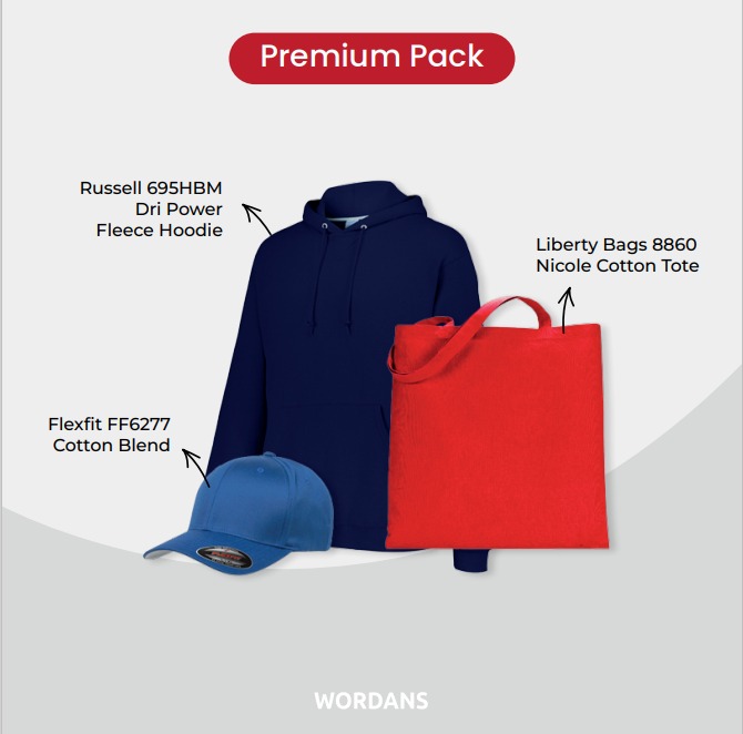 A graphic of a navy hoodie, a red tote bag, and a blue cap