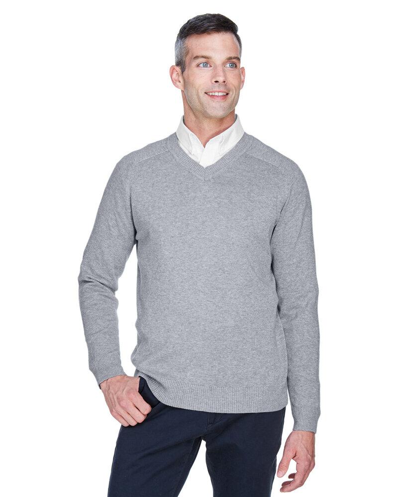 A man models a gray v-neck sweatshirt