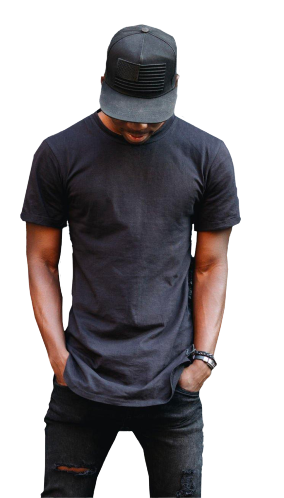 A guy wearing a black snapback and a black blank t-shirt
