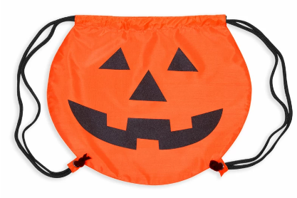 A drawstring bag in the shape of a pumpkin, with a jack lantern design