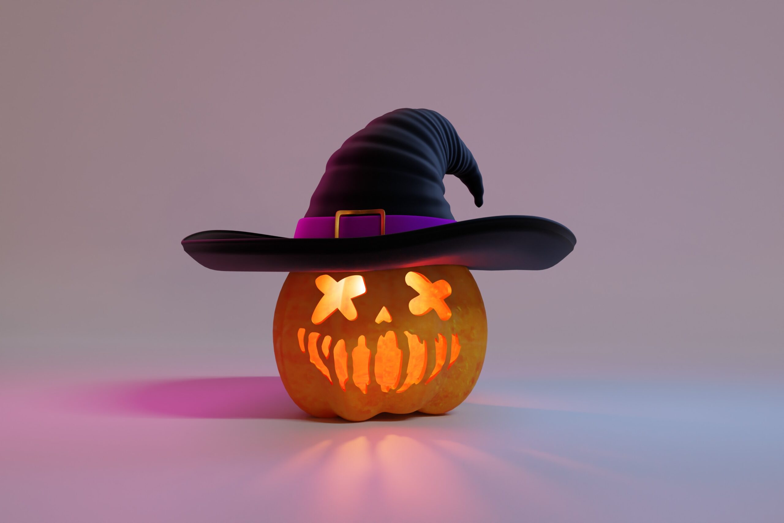 A pumpkin happy about halloween marketing ideas! An orange pumpkin wear a black witch hat is set against a purple background. It's eyes are alight from the candle.