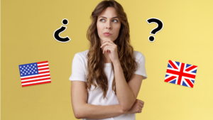 A woman thinking, maybe about clothes vocabulary, with the US and UK flags either side of her