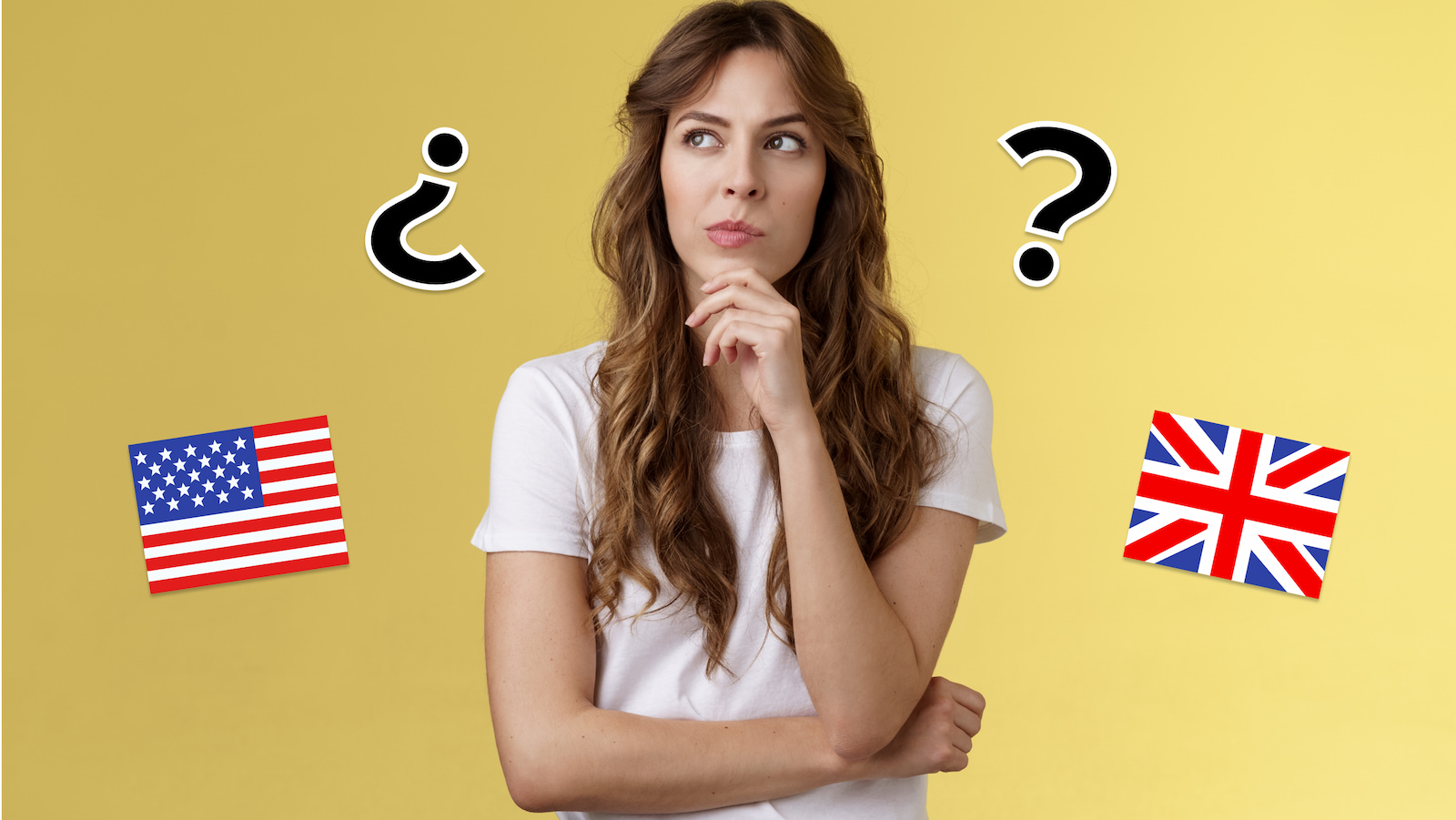 A woman thinking, with the US and UK flags either side