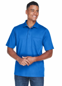 man models a blue polo shirt