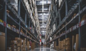 Wholesale goods stacked on shelves in a large warehouse