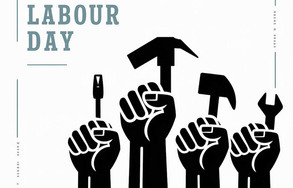 A graphic for Labor Day with raised fists holding weapons