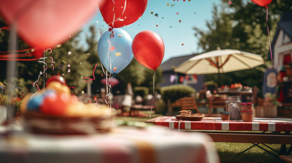 Tables set for a Labor Day garden party, with balloons overhead