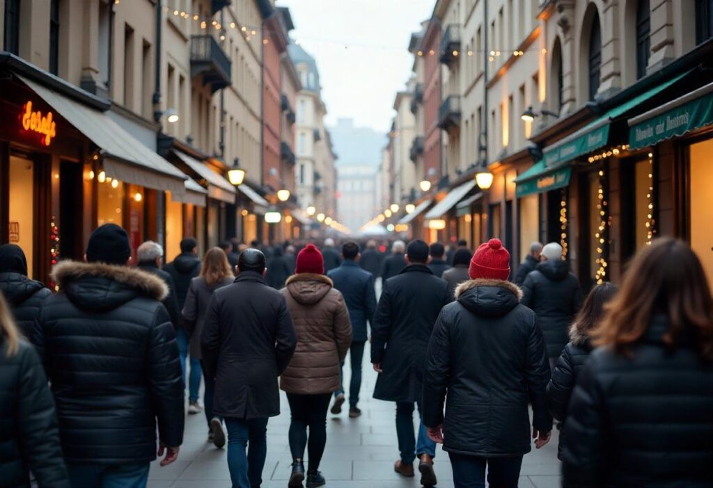 A busy shopping street in winter