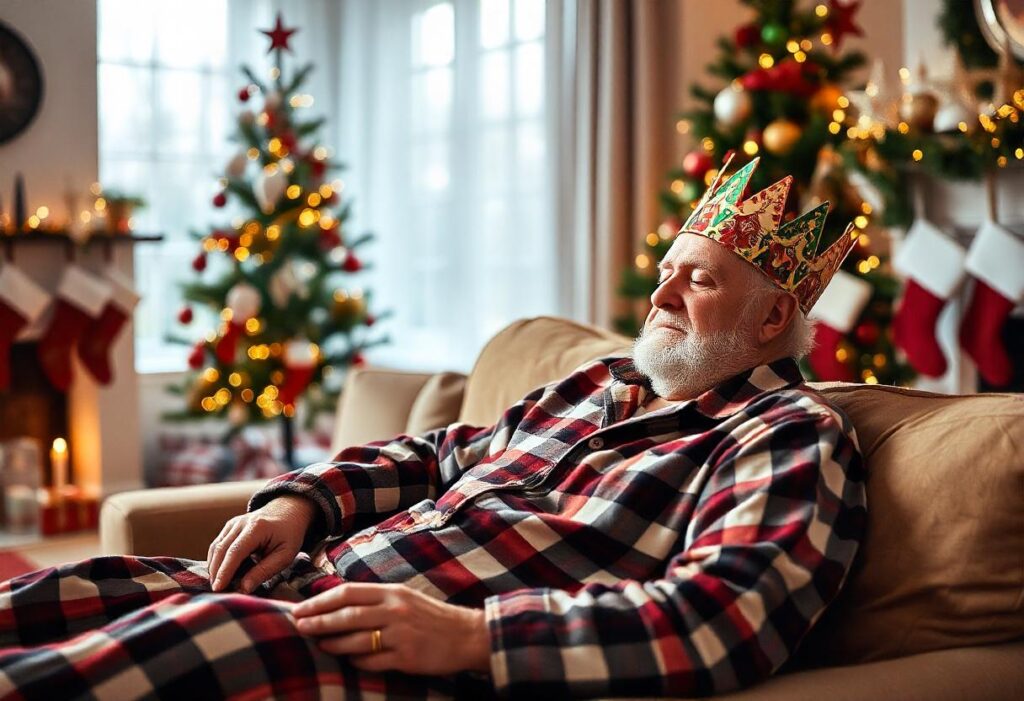 An older man asleep on the sofa at Christmas