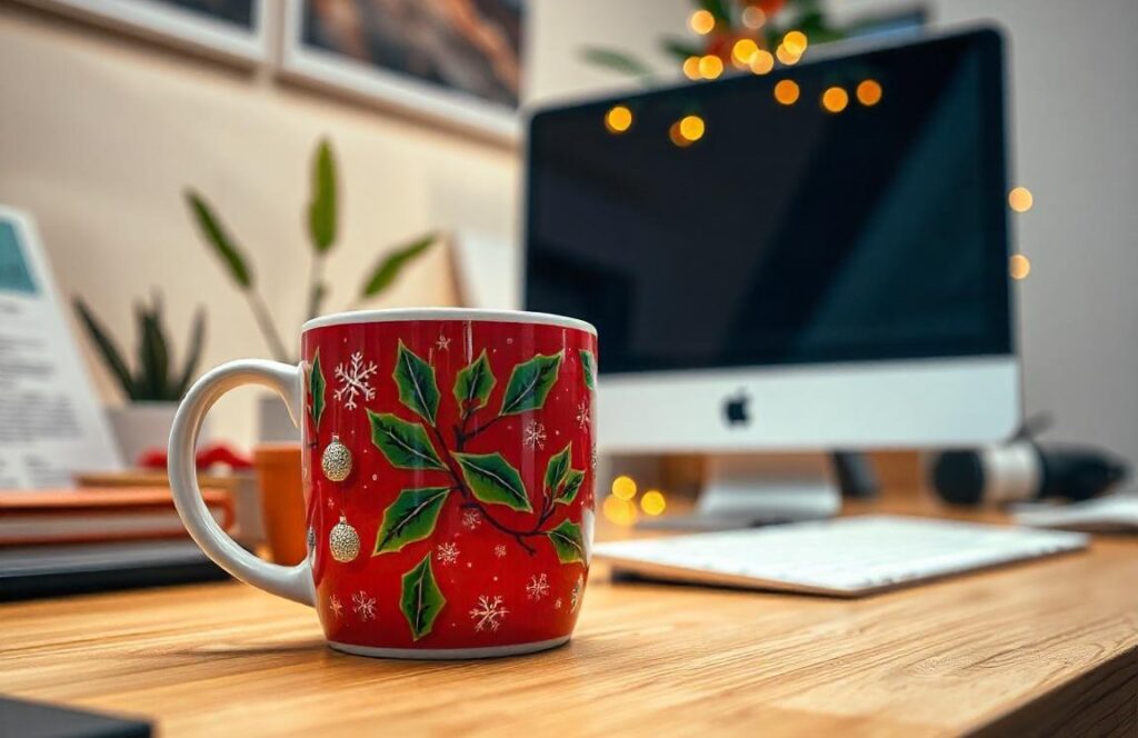 A Christmas-themed mug on an office desk