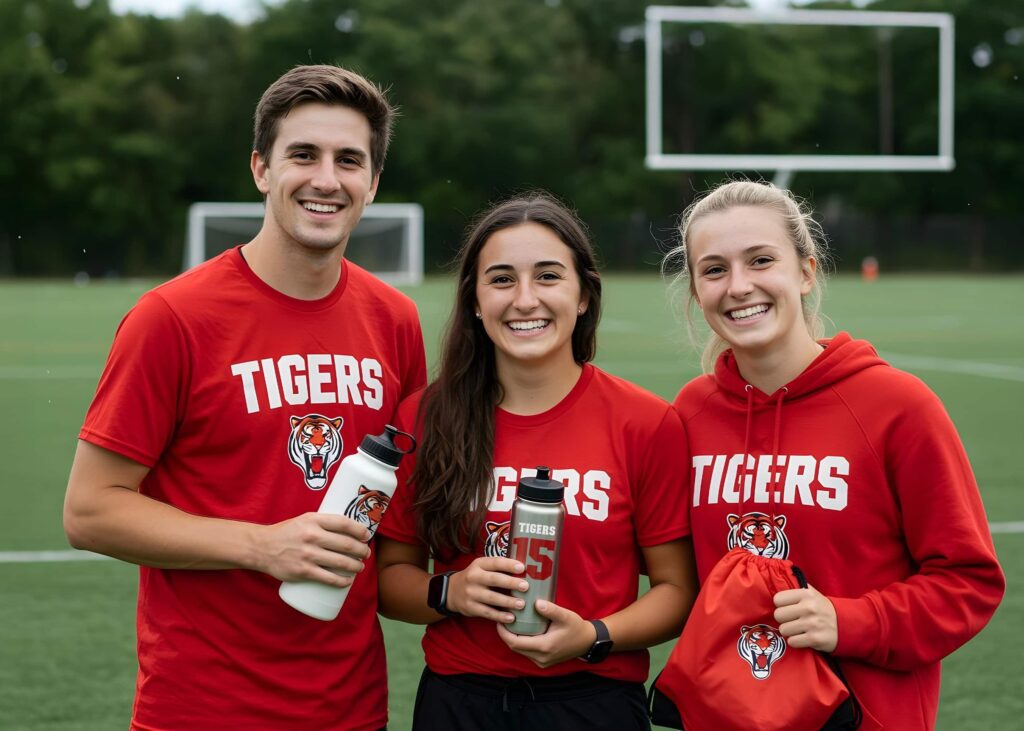 3 members of a sports team smiling while holding and wearing custom clothing and accessories