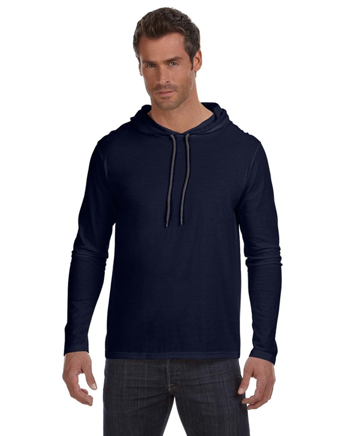 Anvil 987 - Lightweight Long Sleeve Hooded T-Shirt, Navy/ Dark Grey, S