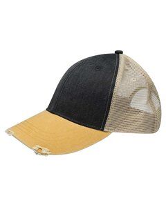 Adams OL102 - 6-Panel Pigment-Dyed Distressed Trucker Cap Blk/Mstrd/Tan