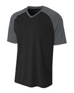 A4 N3373 - Adult Polyester V-Neck Strike Jersey with Contrast Sleeve Black/Graphite