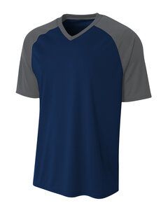A4 N3373 - Adult Polyester V-Neck Strike Jersey with Contrast Sleeve Navy/Graphite