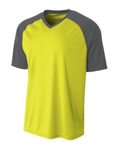 A4 N3373 - Adult Polyester V-Neck Strike Jersey with Contrast Sleeve Sfty Yellw/Grph