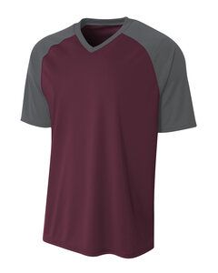 A4 NB3373 - Youth Polyester V-Neck Strike Jersey with Contrast Sleeves Maroon/ Graphite