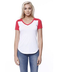 StarTee ST1432 - Ladies CVC Varsity V-Neck T-Shirt White/Red Hthr