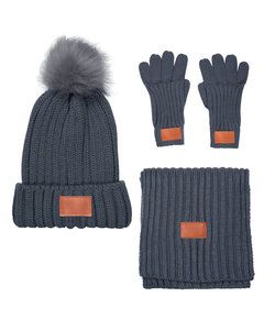 Leeman LG905 - Three-Piece Rib Knit Fur Pom Winter Set Gray