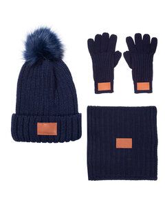 Leeman LG905 - Three-Piece Rib Knit Fur Pom Winter Set Navy Blue