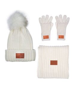 Leeman LG905 - Three-Piece Rib Knit Fur Pom Winter Set Cream